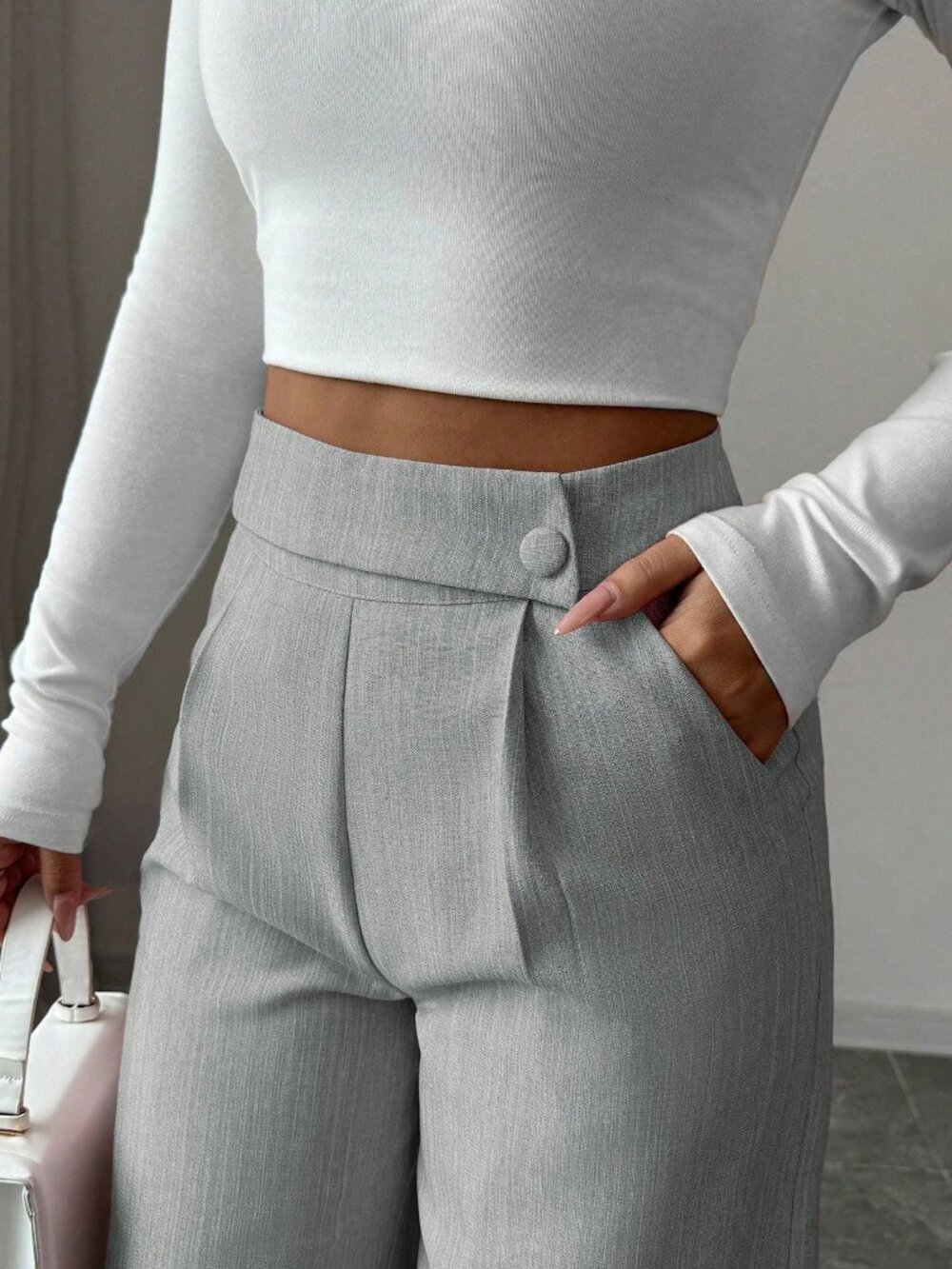 Grey Casual Women's Work Office Loose Flowy Straight Leg Pants - Picture 4 of 7